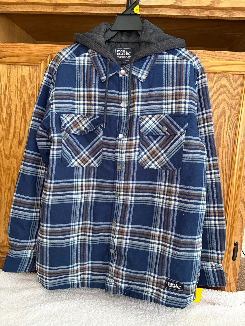 Eddie Bauer Men's Plaid Hooded Jacket Flannel Jacket, Navy Size L